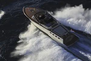 Aerial view sports boat J Craft 42 Torpedo R at full speed on the Cote d'Azur