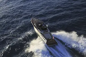 Aerial view sports boat J Craft 42 Torpedo R at full speed on the Cote d'Azur
