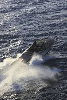 Aerial view sports boat J Craft 42 Torpedo R at full speed on the Cote d'Azur