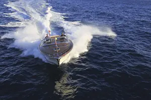 Aerial view sports boat J Craft 42 Torpedo R at full speed on the Cote d'Azur