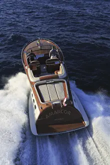 Aerial view sports boat J Craft 42 Torpedo R at full speed on the Cote d'Azur