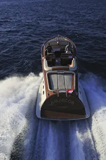 Aerial view sports boat J Craft 42 Torpedo R at full speed on the Cote d'Azur