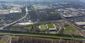 Aerial view, sports field Rot-WeiB Oberhausen at the river Emscher and Rhine-Herne-Canal as well as Kaisergarten