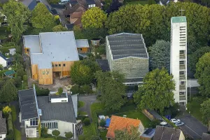 Aerial view, St Paul's Church and Martini Kindergarten in timber construction