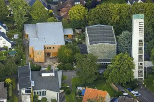 Aerial view, St Paul's Church and Martini Kindergarten in timber construction