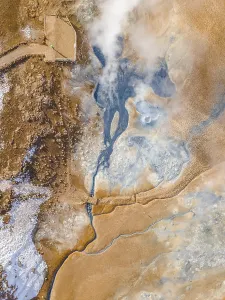 Aerial view, steaming river and fumaroles