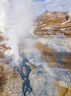Aerial view, steaming river and fumaroles