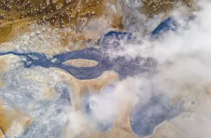 Aerial view, steaming river, geothermal area Hveraroend
