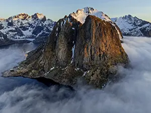 Aerial view, steep mountains, coast