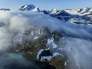 Aerial view, steep mountains, coast