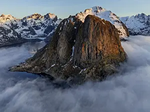 Aerial view, steep mountains, coast