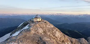 Aerial view, summit house, Matrashaus mountain hut on the Hochkoenig