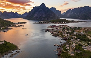 Category Scandinavia Prints: Aerial view, sunset at Reinefjord with mountains