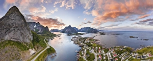 Aerial view, sunset at Reinefjord with mountains