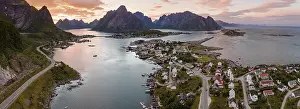 Aerial view, sunset at Reinefjord with mountains