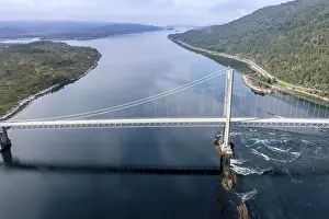 Aerial view of suspension bridge over fjord Efjord