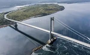 Aerial view of suspension bridge over fjord Efjord