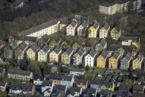 Aerial view, terraced house housing estate multi-family houses at the corner of Neubreisacher StraBe