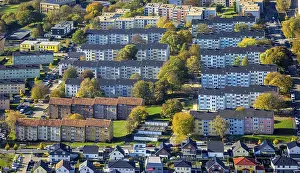 Aerial view, terraced houses, apartment buildings
