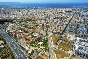 Aerial view, town centre and old town with Placa de toros de Palma