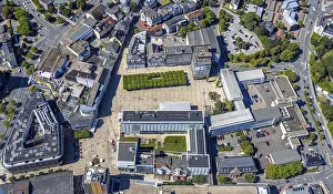 Aerial view, town hall and town hall square with tree avenue