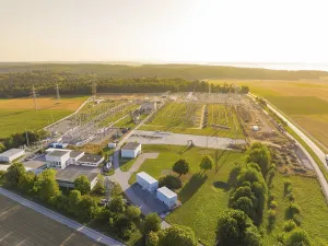 Aerial view of a transformer station with buildings and technical equipment