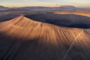 Aerial view of the tuffring crater Hverfjall in the evening light in the Krafla volcano system in the Myvatn region