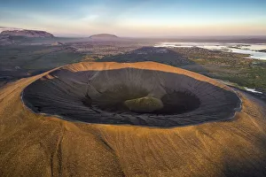 Aerial view of the tuffring crater Hverfjall in the evening light in the Krafla volcano system in the Myvatn region