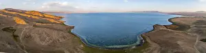 Aerial view, Vast empty landscape at the mountain lake Song Kul
