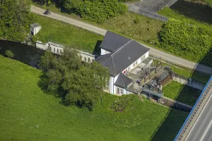 Aerial view, Velmede hydropower plant at the Ruhr Valley Bridge Velmede