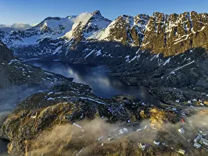 Aerial view, village, steep mountains