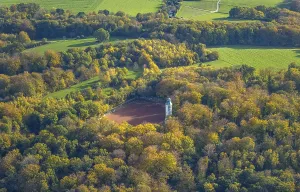 Aerial view, water tower, sports field Am Volkspark