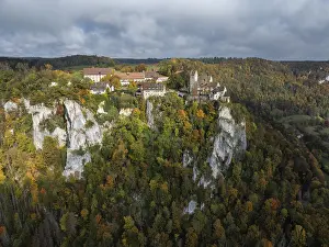 Aerial view of Werenwag Castle and former Werenwag Castle on a rocky spur in the Upper Danube Valley