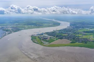 Aerial view of the Weser near Bremerhaven towards Bremen