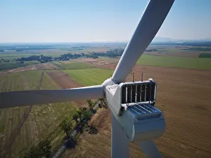 Aerial view of wind turbine in countryside area