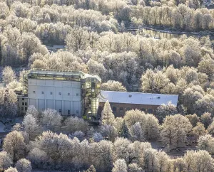 Aerial view, Winter Maximilianpark amusement park with glass elephant