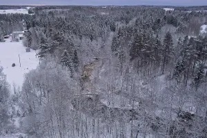 Aerial view of winter river landscape