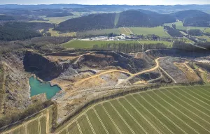 Aerial view, Wocklum quarry, surrounded by forest and fields