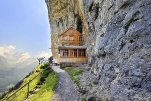 Aescher Mountain Inn at the Wildkirchli caves below Ebenalp Mountain at 1400 meters
