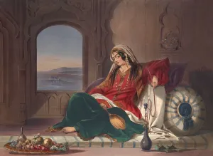 Afghan lady and smoking a hookah, by R