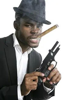 Category Historic EN Prints: African american mafia man smoking cigar with handgun portrait