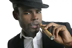 Category Historic EN Prints: African american man smoking cigar portrait with black hat