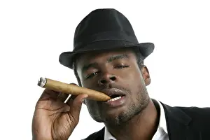 Category Historic EN Prints: African american man smoking cigar portrait with black hat