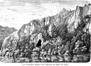 The Aiguilles de Chaleux, prehistoric Belgian caves of Chaleux in the valley of the Lesse near Hulsonniaux, Wallonia, mountainous landscape, steep rocks, cave entrance, river, archaeology, palaeontology, history of mankind, Belgium
