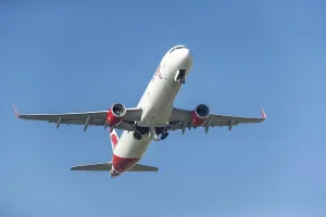 An Air Canada Rouge, Airbus A321 takes off from Toronto Pearson International Airport on August 15