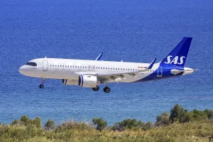 An Airbus A320neo aircraft of SAS Scandinavian Airlines with the registration EI-SCD at Rhodes Airport