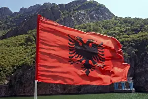 Category Mountain Landscapes Prints: Albanian flag, Koman reservoir