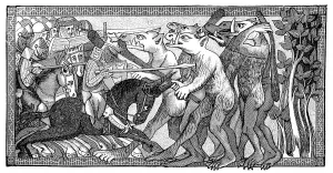 Alexander in battle with fantastic creatures in human form with horse heads and giant teeth