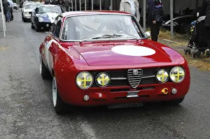 An Alfa Romeo classic car in racing livery with starting number on the side