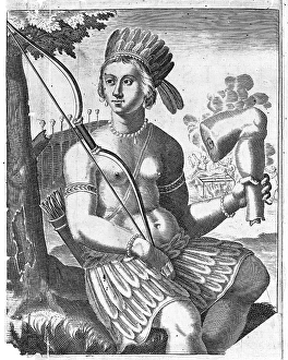 An allegorical representation of the Americas in the form of a seated Indian woman in a feathered skirt and headdress holding a bow and a severed human leg